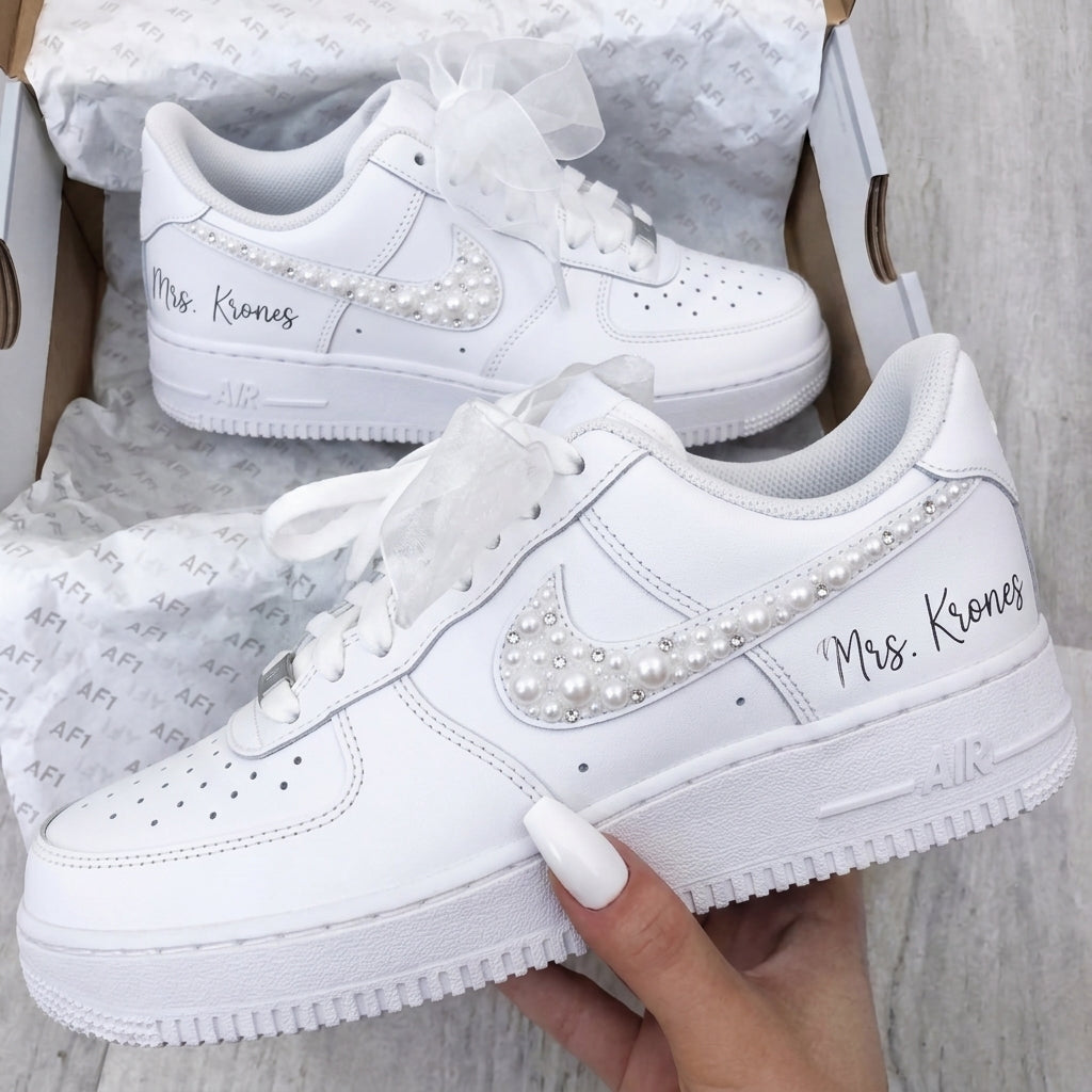 Custom AF 1s Weeding Shoes Pearls Rhinestones Tulle Bow