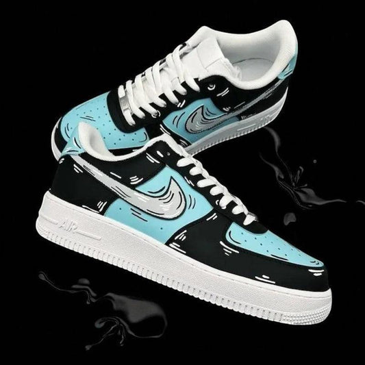 Custom Air Force 1 Baby Blue And Black Cartoon Pattern