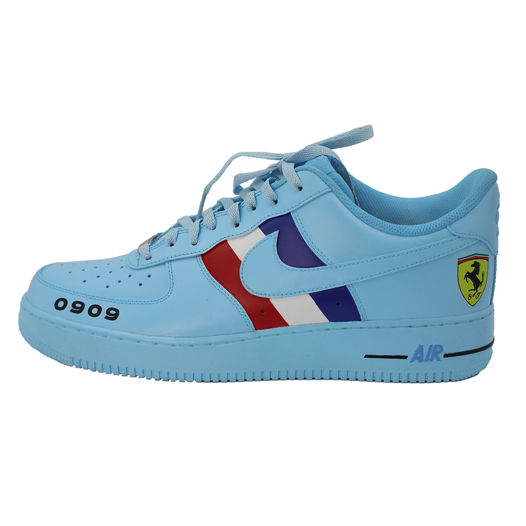 Custom Air Force 1 Baby Blue With Ferrari Logo And Striped Pattern