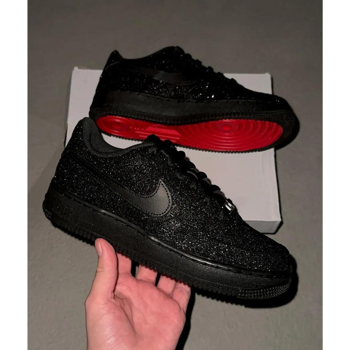 Custom Air Force 1 Black Glitter With Red Soles