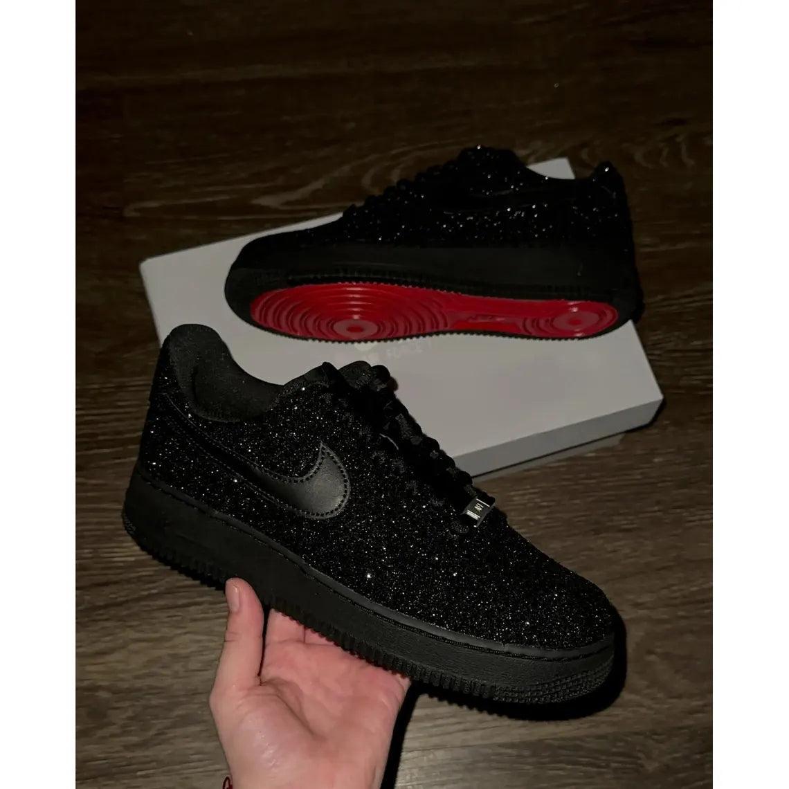 Custom Air Force 1 Black Glitter With Red Soles