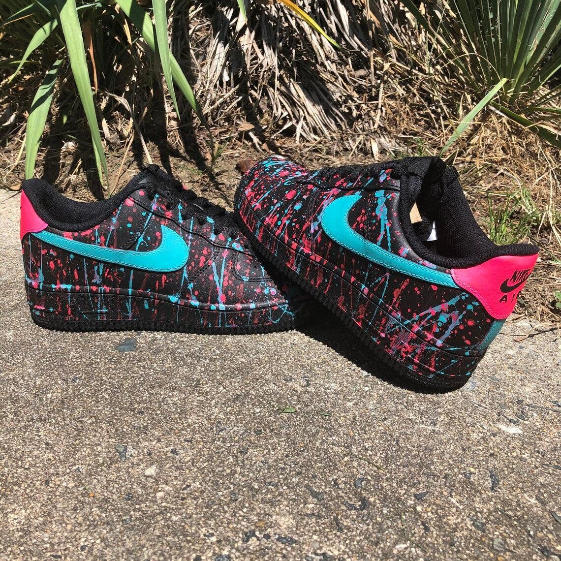 Custom Air Force 1 Black Pink Teal Splatter