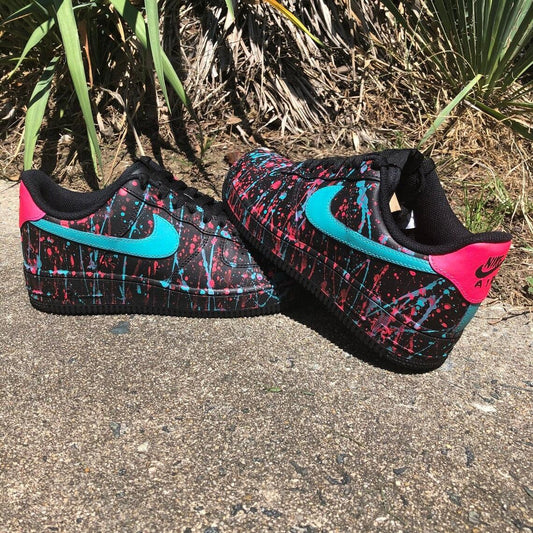 Custom Air Force 1 Black Pink Teal Splatter