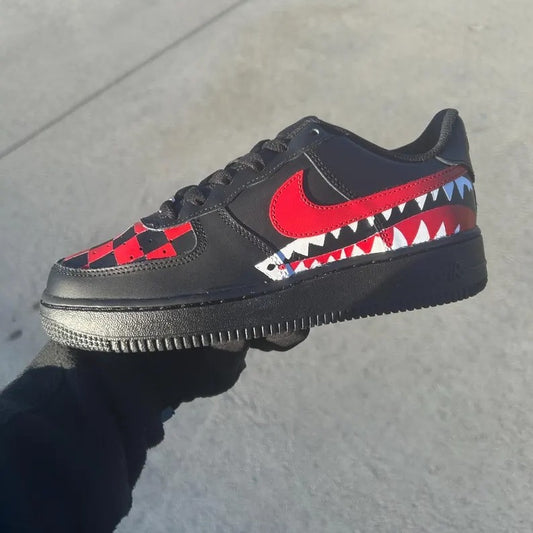 Custom Air Force 1 Black Red Checkered Shark Teeth Design
