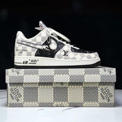 Custom Air Force 1 Black White Checkerboard With LV Logo