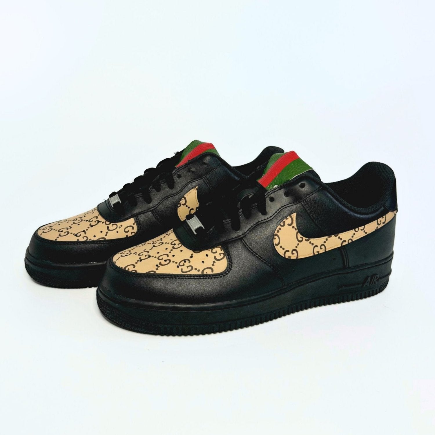 Custom Air Force 1 Black With GG- Inspired Pattern And Red - Green Tongue