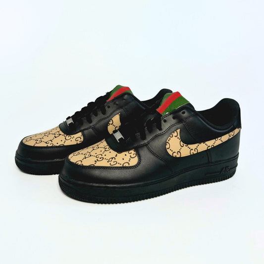 Custom Air Force 1 Black With GG- Inspired Pattern And Red - Green Tongue
