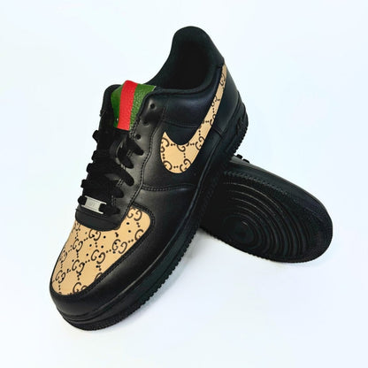 Custom Air Force 1 Black With GG- Inspired Pattern And Red - Green Tongue
