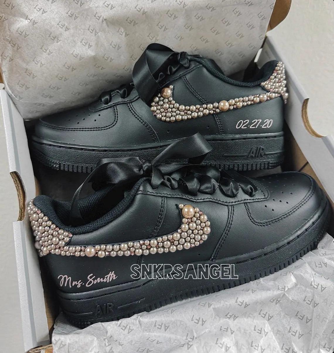 Custom Air Force 1 Black With Pearl Embellishments And Ribbons