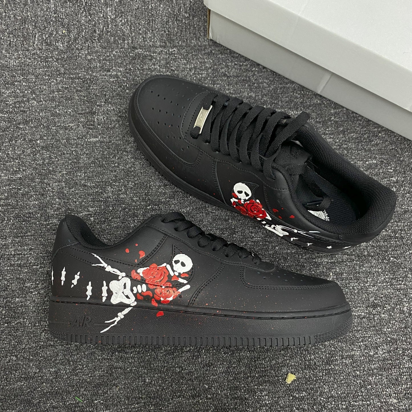Custom Air Force 1 Black With Skull And Rose Design