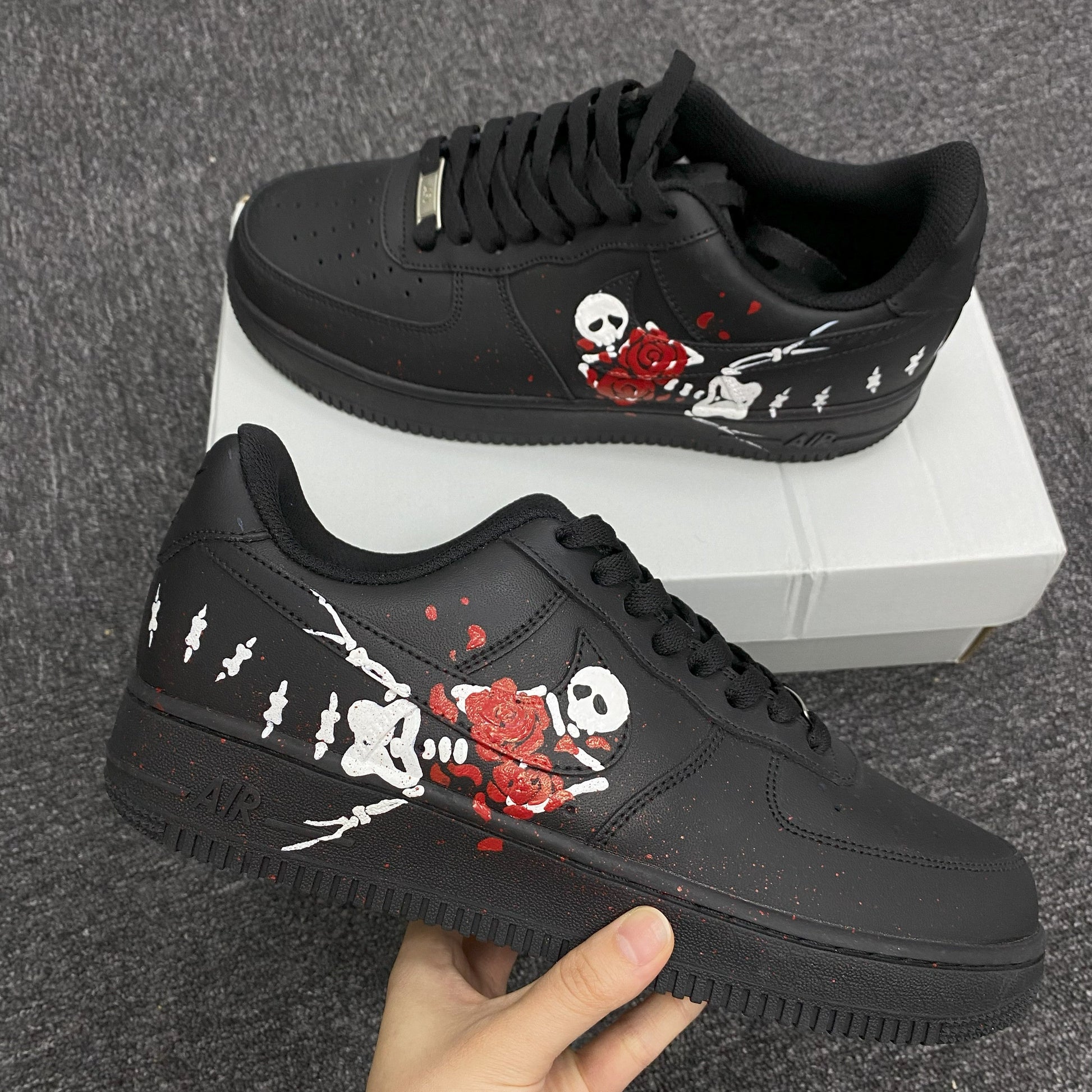Custom Air Force 1 Black With Skull And Rose Design
