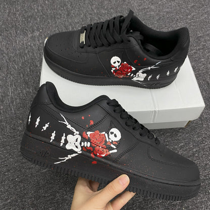 Custom Air Force 1 Black With Skull And Rose Design