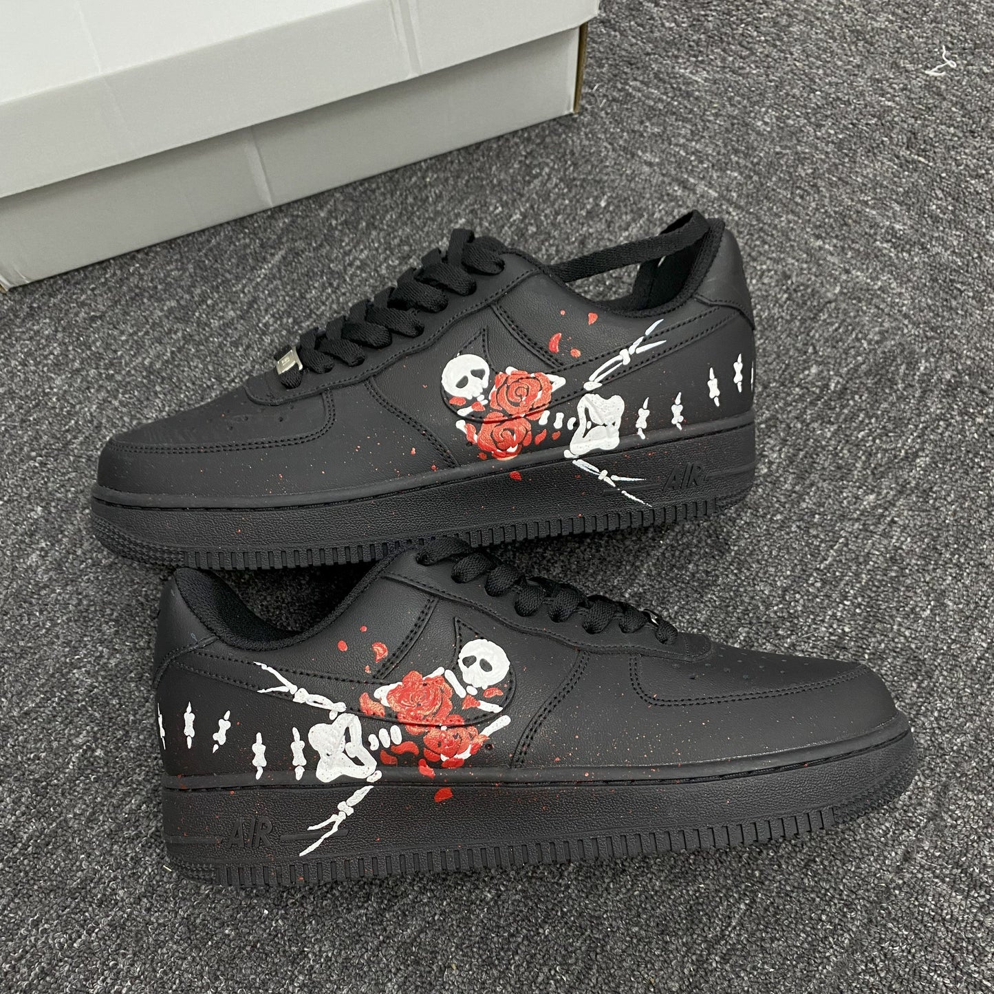Custom Air Force 1 Black With Skull And Rose Design