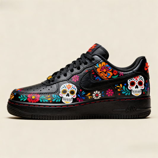 Custom Air Force 1 Black With Sugar Skull And Floral Patterns