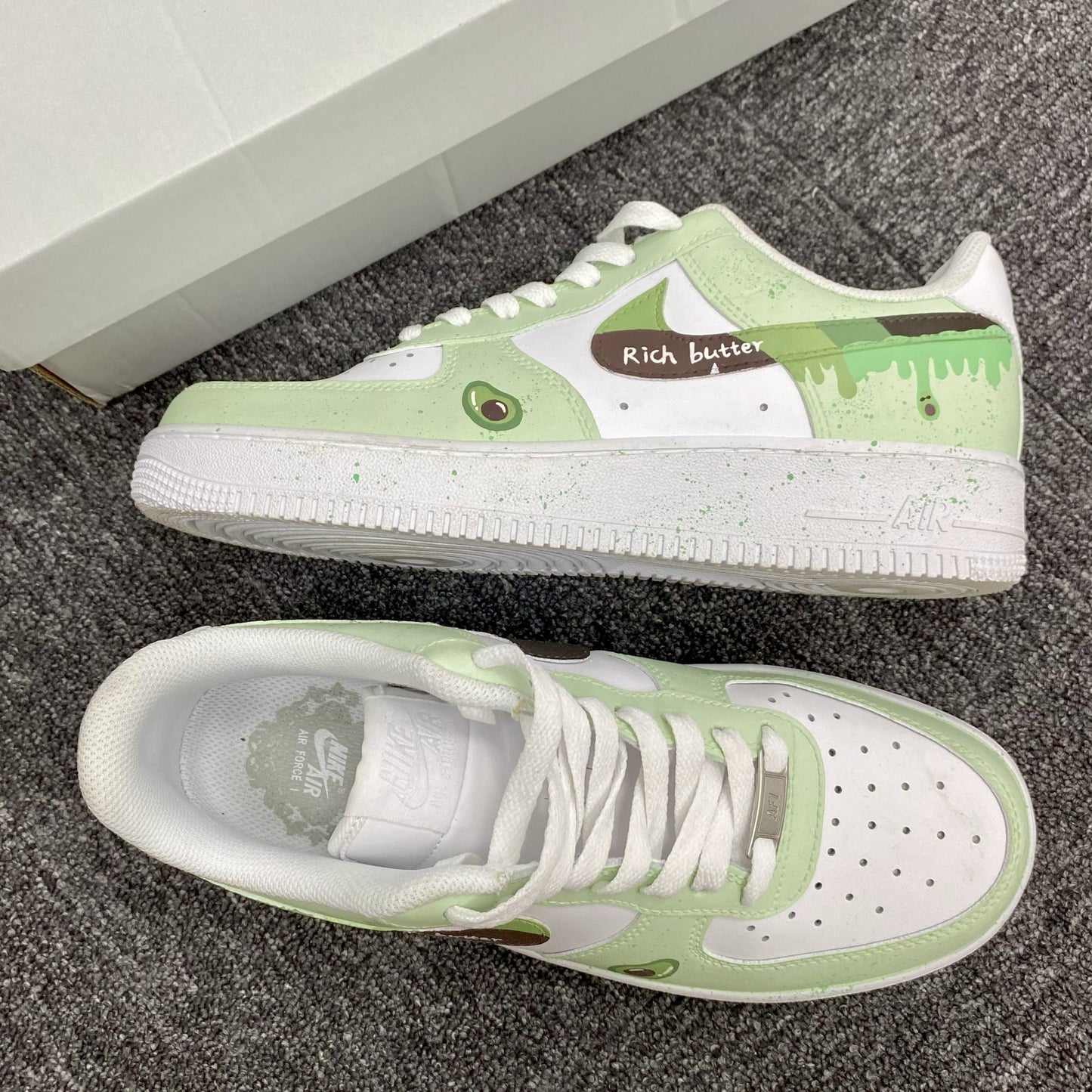 Custom Air Force 1 Light Green And White With Avocado And Paint - Drip Patterns