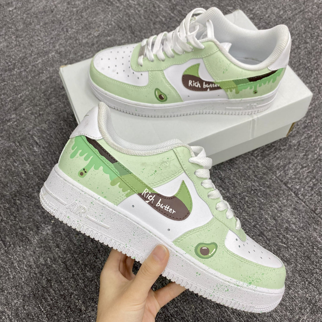 Custom Air Force 1 Light Green And White With Avocado And Paint - Drip Patterns