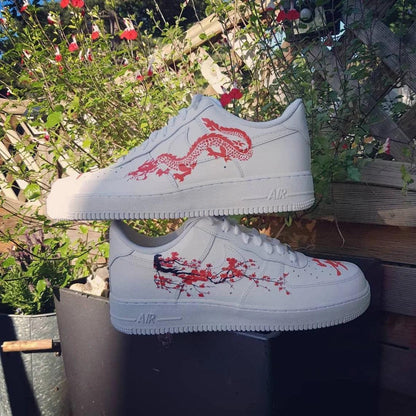 Custom Air Force 1 Red Dragon and Plum Blossom Design