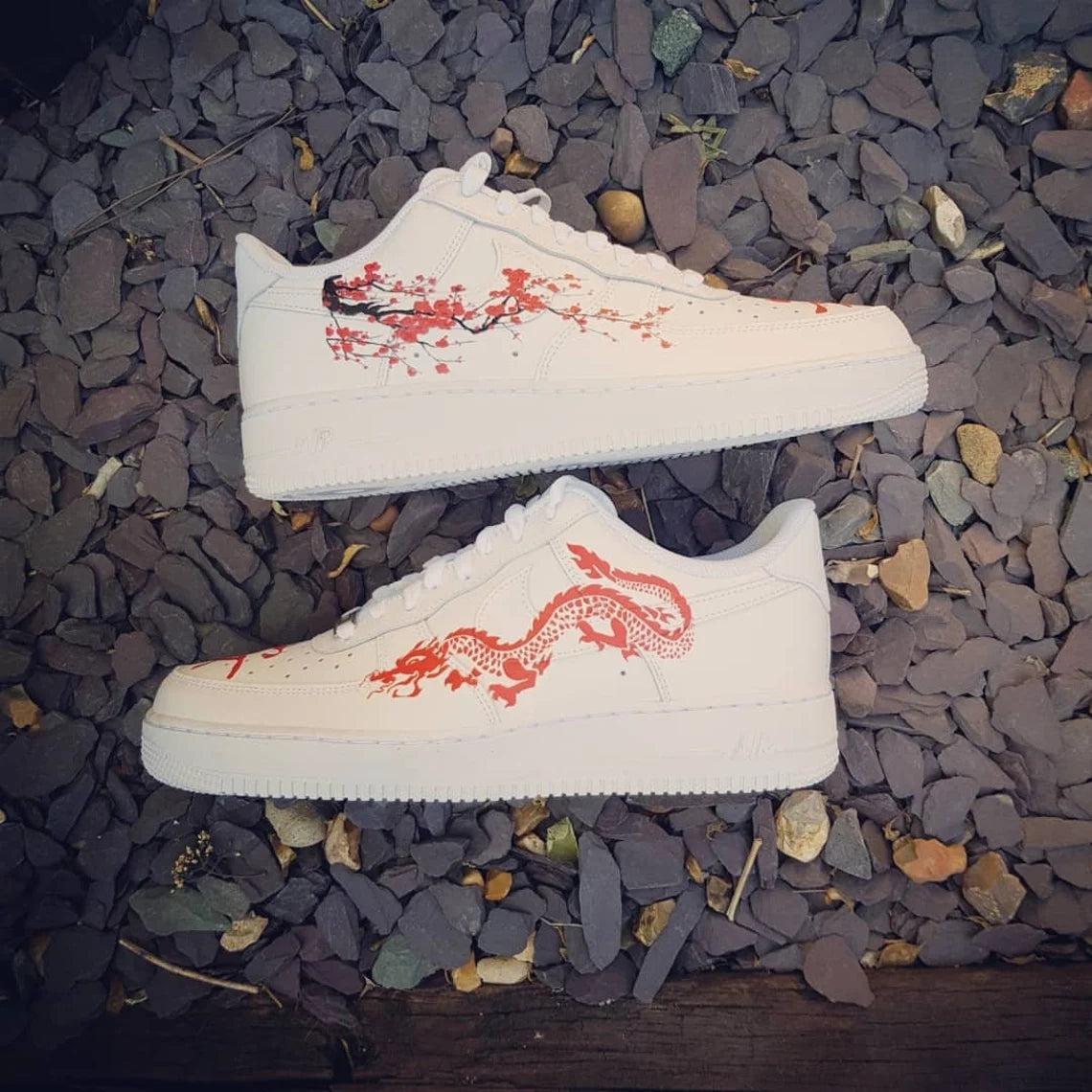 Custom Air Force 1 Red Dragon and Plum Blossom Design