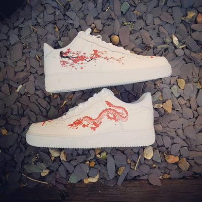 Custom Air Force 1 Red Dragon and Plum Blossom Design