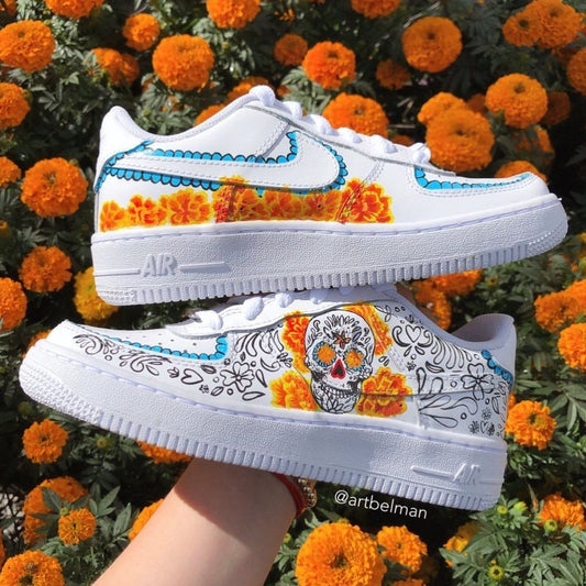Custom Air Force 1 Shoes Sugar Skull and Marigold Pattern Orange Blue