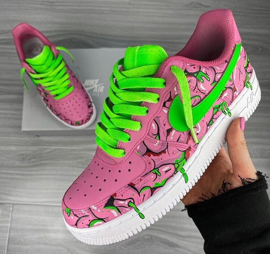 Custom Air Force 1 Shoes with Cherry Pattern Baby Pink Neon Green