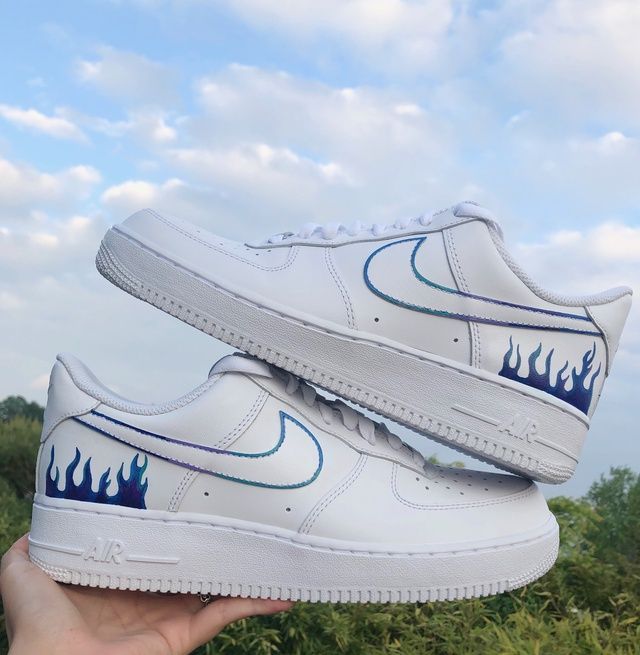 Custom Air Force 1 Shoes with Flame Pattern Blue Color