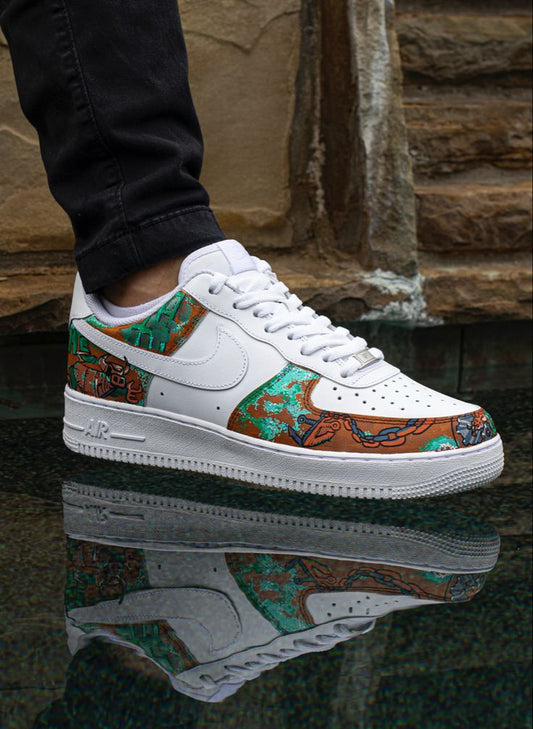 Custom Air Force 1 Shoes with Pirate Pattern Green and Orange