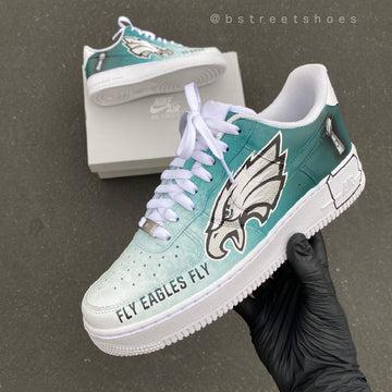 Custom Air Force 1 Teal And White With Eagles Logo And Fly Eagles Fly Text
