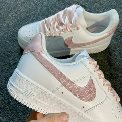 Custom Air Force 1 White And Baby Pink With Croc - Embossed Pattern And Satin Laces