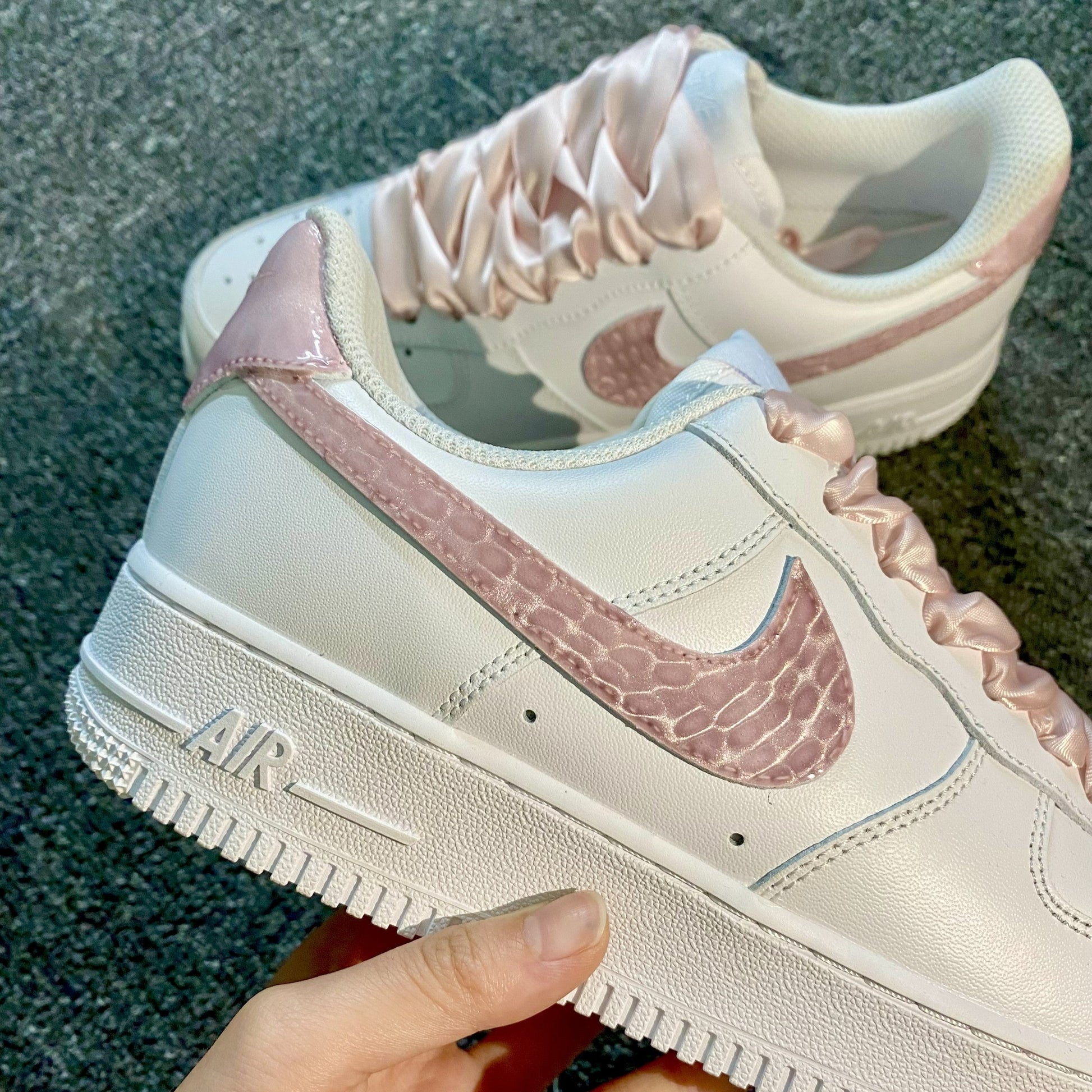 Custom Air Force 1 White And Baby Pink With Croc - Embossed Pattern And Satin Laces