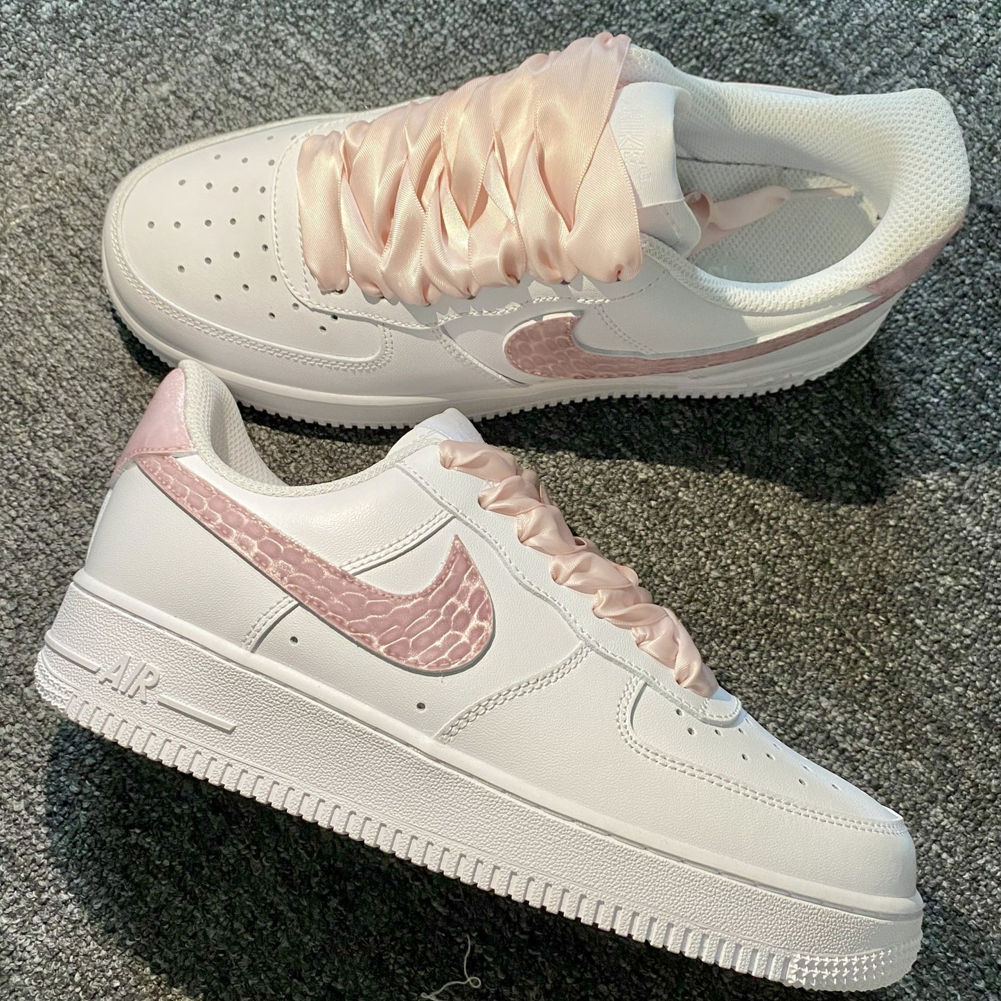 Custom Air Force 1 White And Baby Pink With Croc - Embossed Pattern And Satin Laces