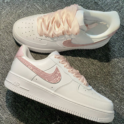 Custom Air Force 1 White And Baby Pink With Croc - Embossed Pattern And Satin Laces