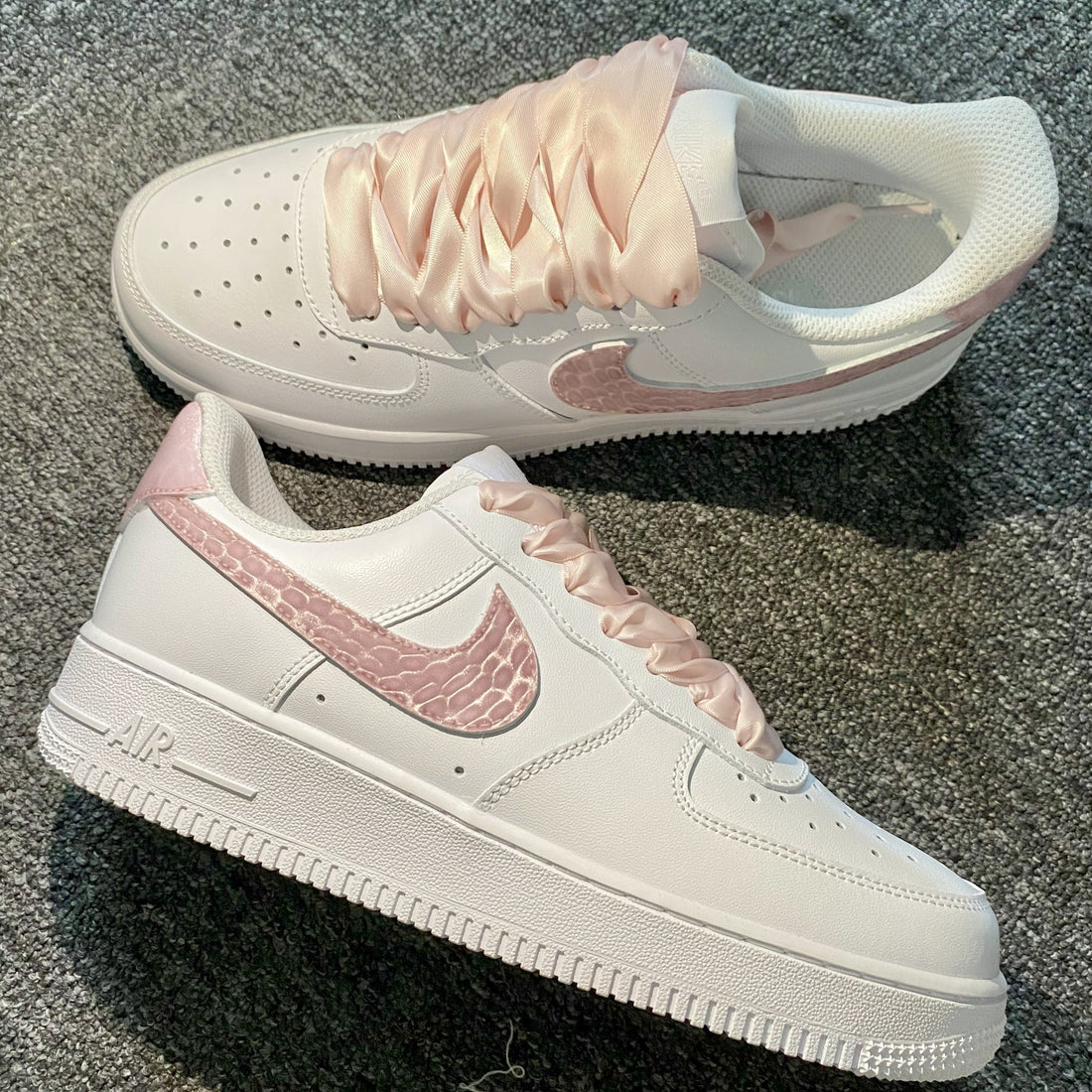 Custom Air Force 1 White And Baby Pink With Croc - Embossed Pattern And Satin Laces