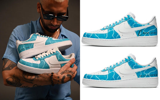 Custom Air Force 1 White And Turquoise With Water - like Pattern
