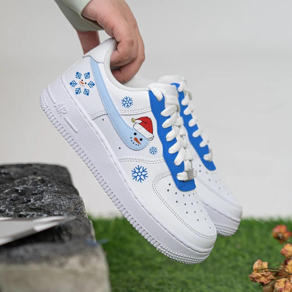 Custom Air Force 1 White Baby Blue Snowman Snowflake Pattern