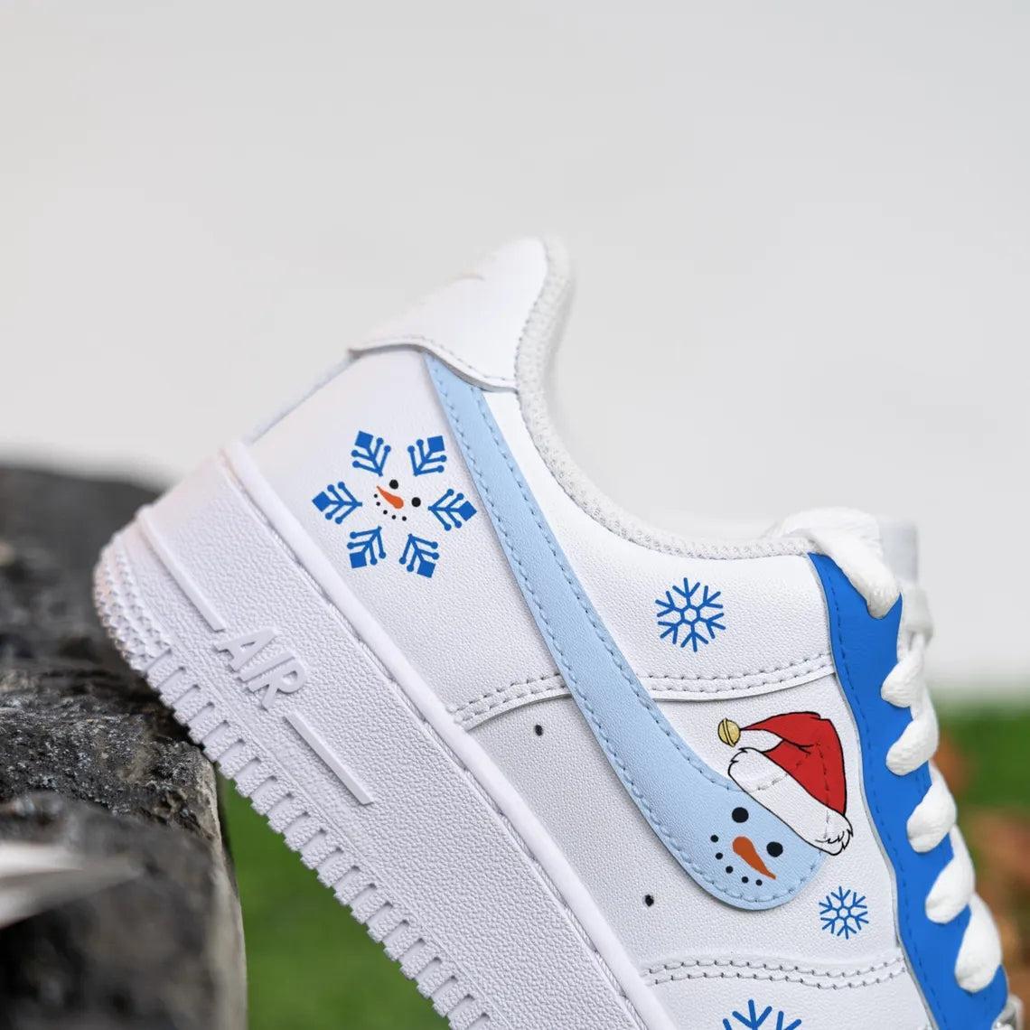 Custom Air Force 1 White Baby Blue Snowman Snowflake Pattern