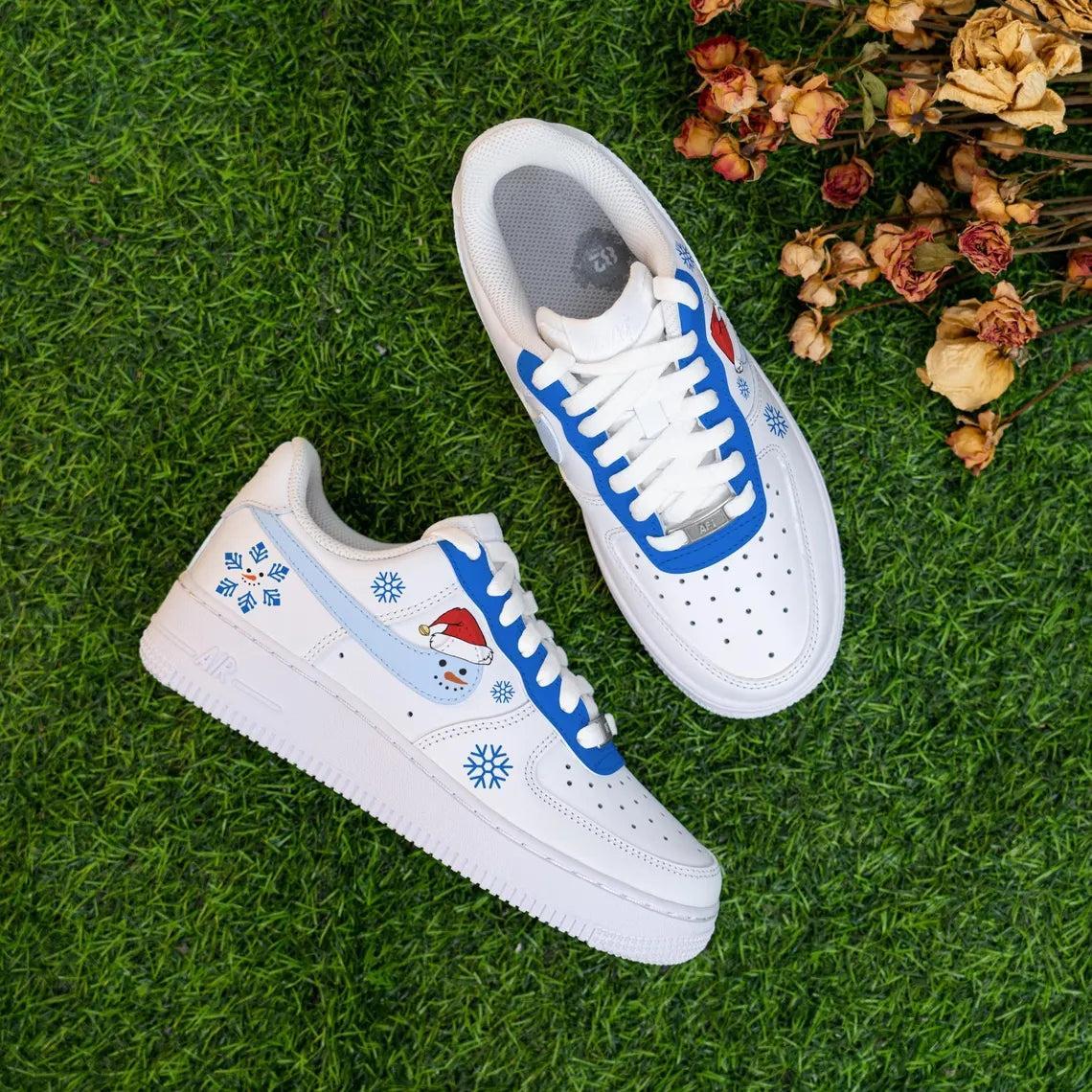 Custom Air Force 1 White Baby Blue Snowman Snowflake Pattern