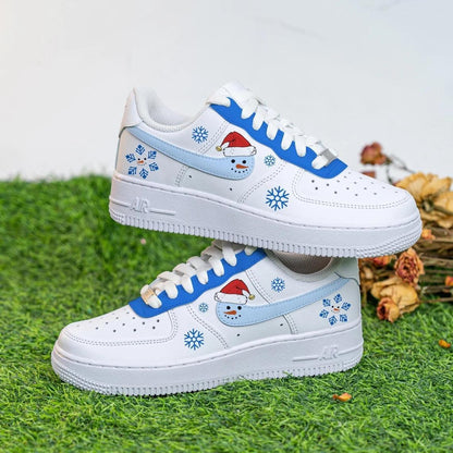 Custom Air Force 1 White Baby Blue Snowman Snowflake Pattern
