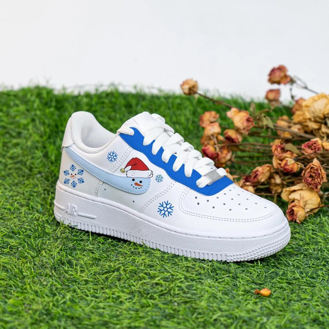 Custom Air Force 1 White Baby Blue Snowman Snowflake Pattern
