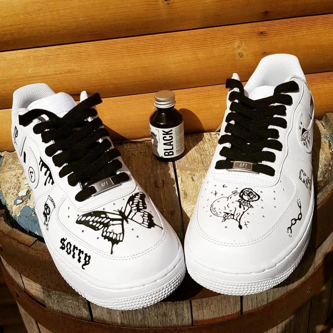 Custom Air Force 1 White Black Butterfly And Graffiti Designs
