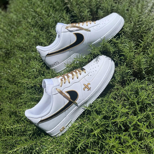 Custom Air Force 1 White Black Swoosh With Gold Accents