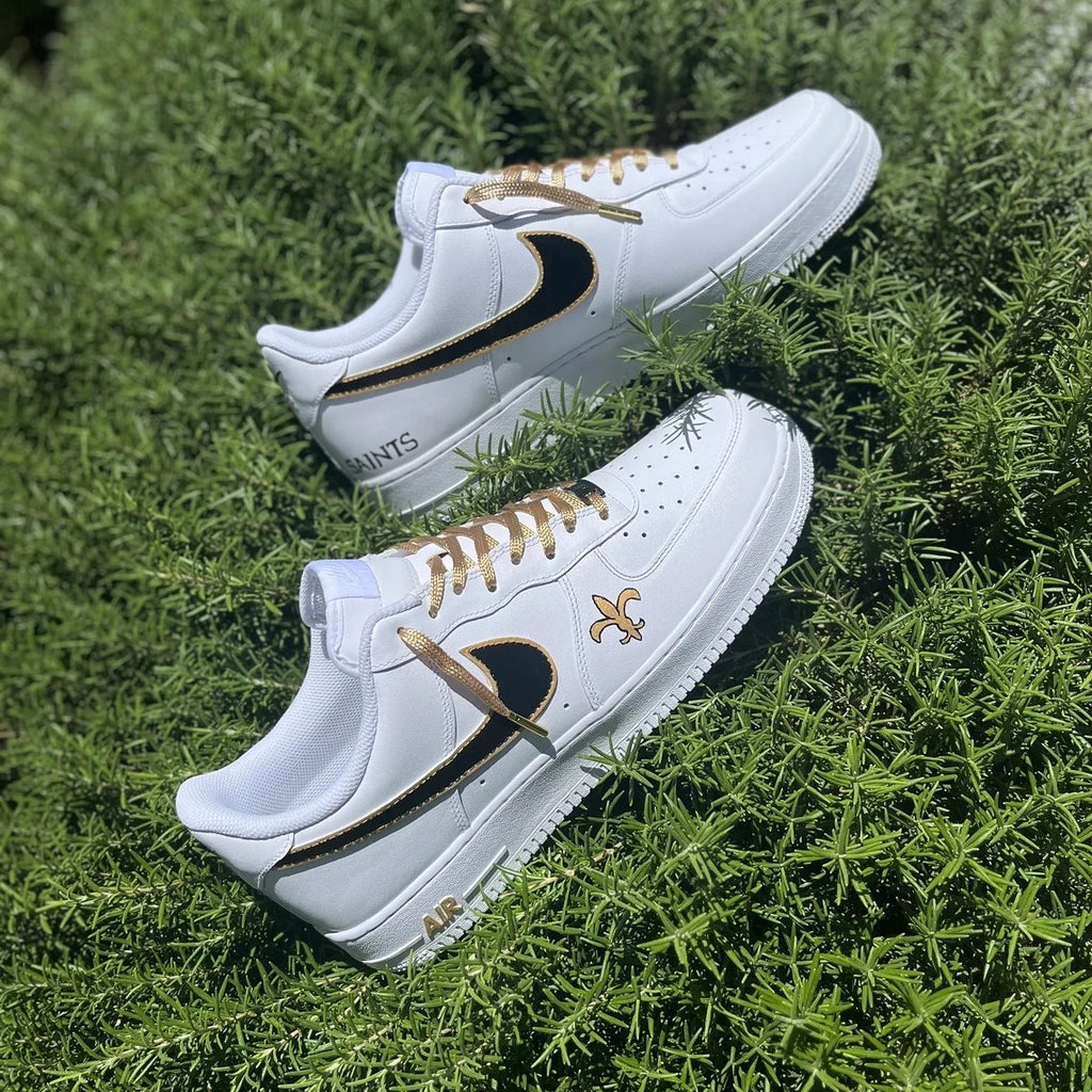 Custom Air Force 1 White Black Swoosh With Gold Accents
