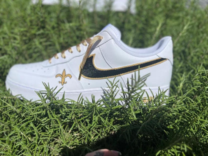 Custom Air Force 1 White Black Swoosh With Gold Accents