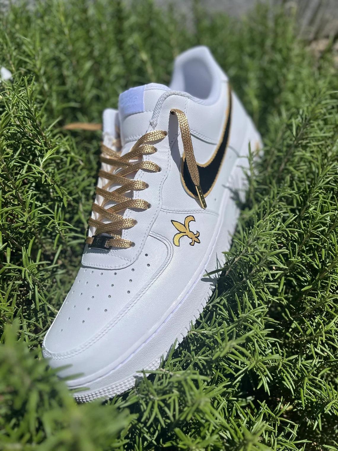 Custom Air Force 1 White Black Swoosh With Gold Accents