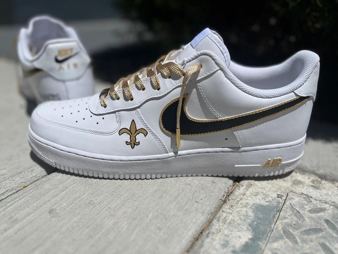 Custom Air Force 1 White Black Swoosh With Gold Accents