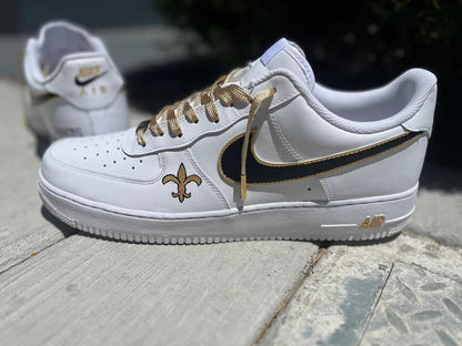 Custom Air Force 1 White Black Swoosh With Gold Accents