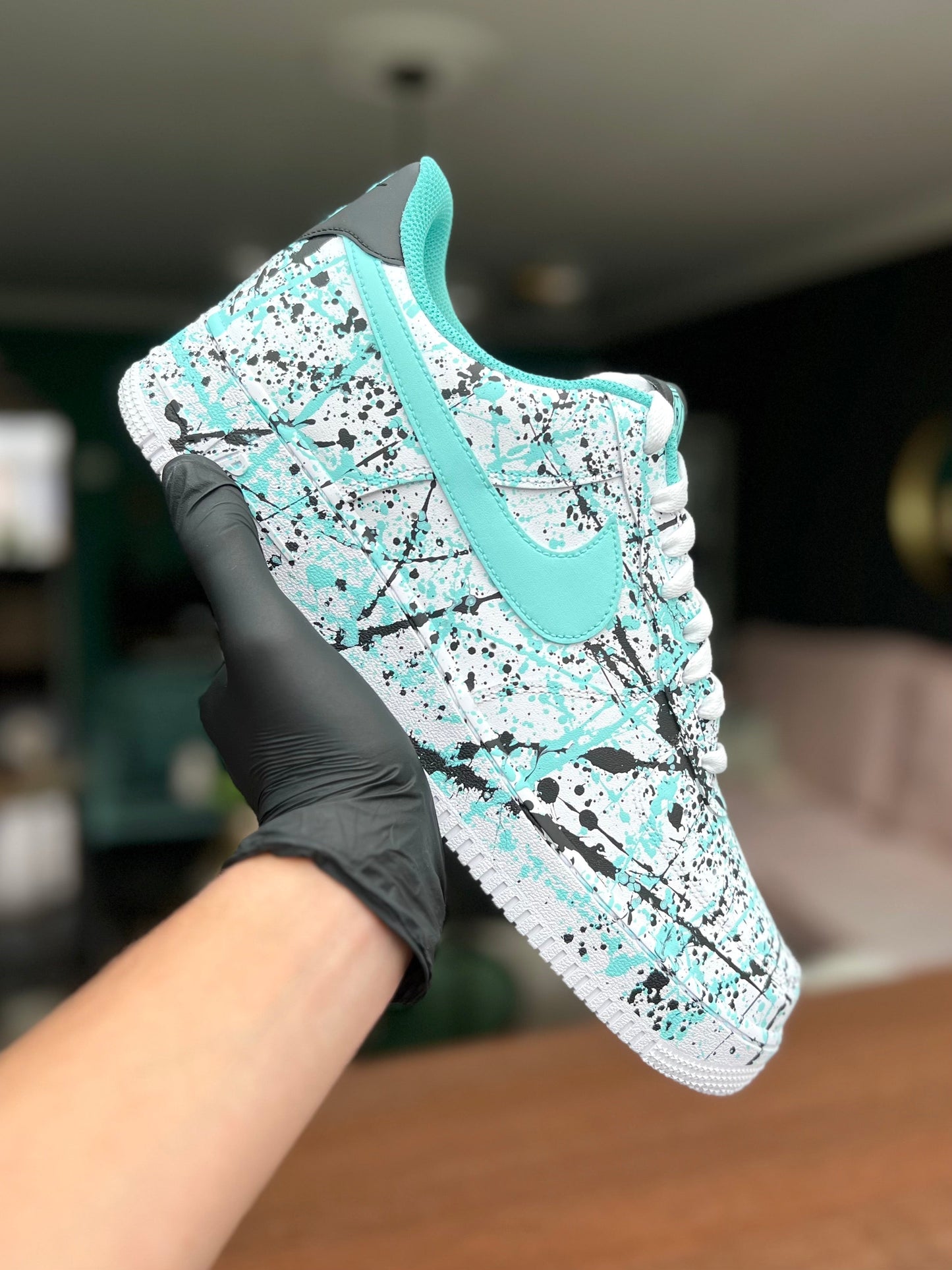 Custom Air Force 1 White Black Teal Splatter