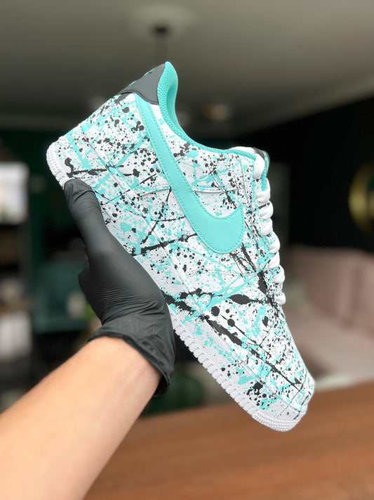 Custom Air Force 1 White Black Teal Splatter