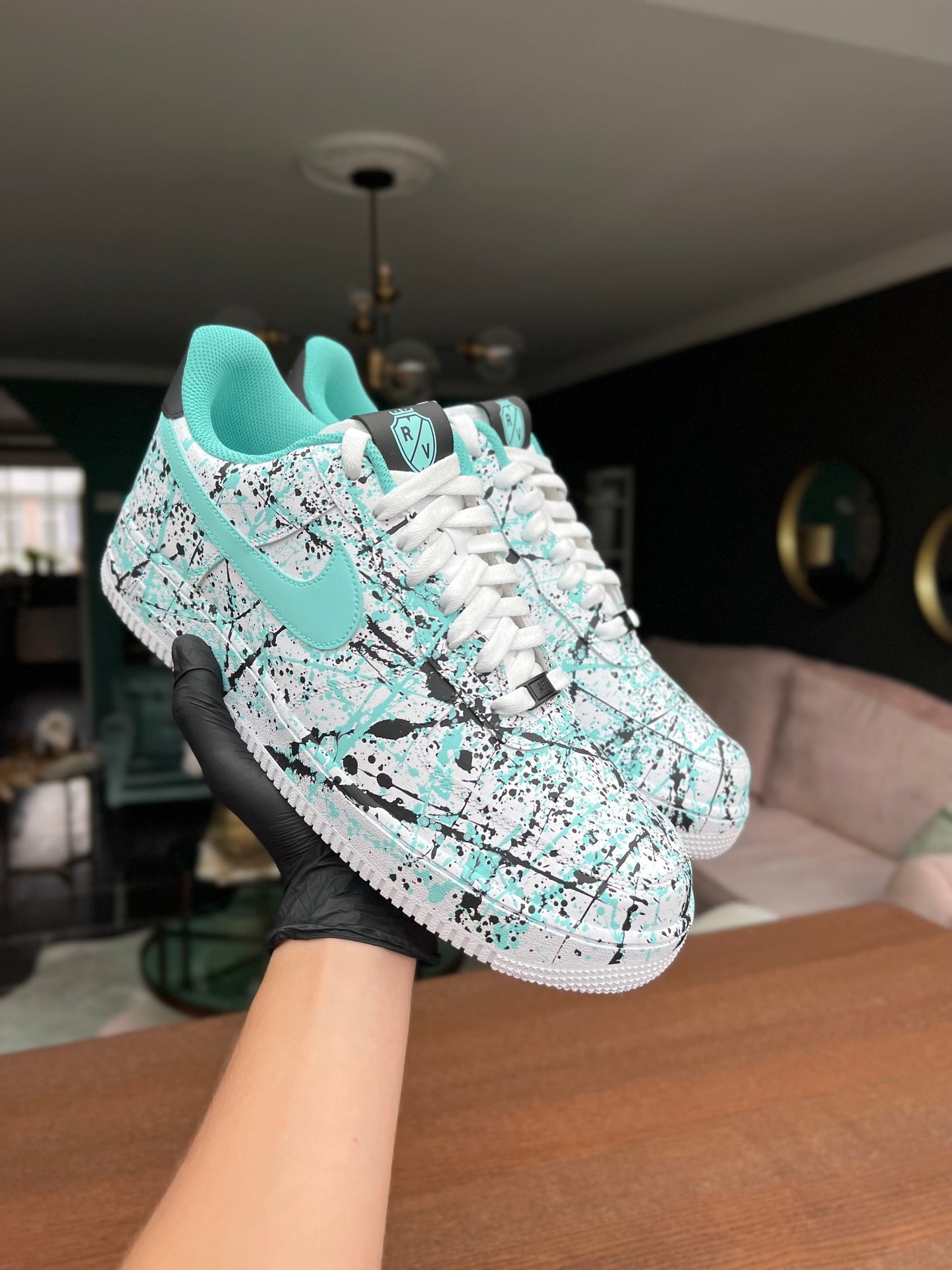 Custom Air Force 1 White Black Teal Splatter