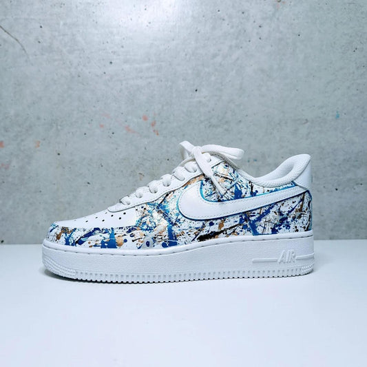 Custom Air Force 1 White Blue And Gold Splatter Pattern